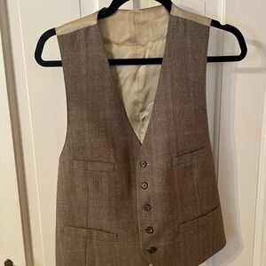 Classic Plaid 100% Wool Waistcoat Vest Men’s 42S Grey Brown 4 Pockets Button Up